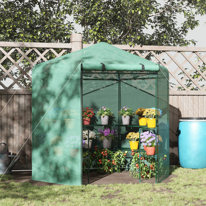 Outsunny 88.5\" X 76.5\" X 84.75\" Hexagonal Portable Serre Pour Plantes Chaudes Maison De Fleurs House Avec Etageres, Vert