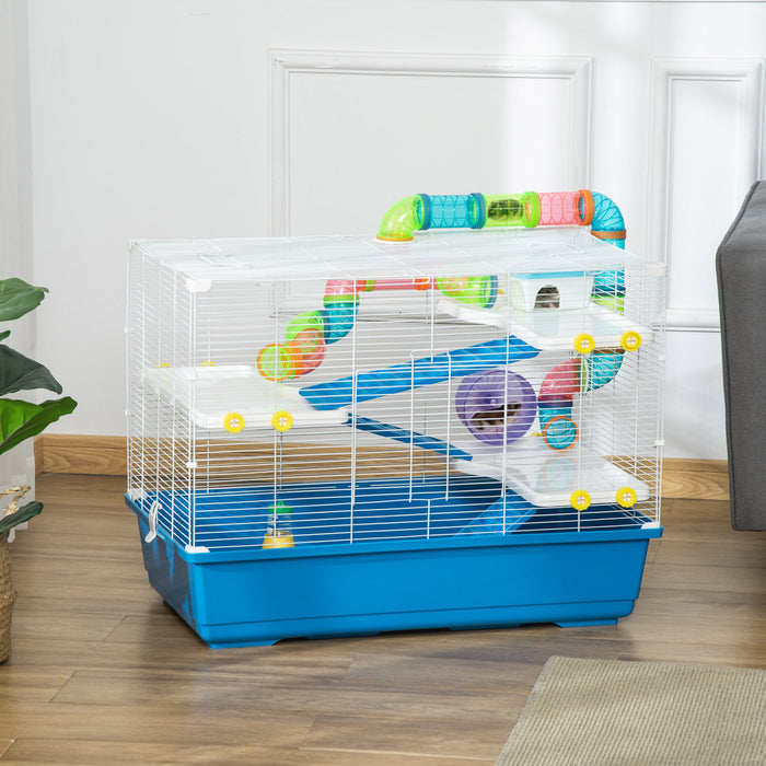 Pawhut Grande Cage Pour Hamster De 31 Cm, Maison Pour Petits Animaux, Refuge Pour Gerbilles A Plusieurs Etages, Systeme De Tube Tunnel, Avec Bouteille D'eau, Roue D'exercice, Plat De Nourriture