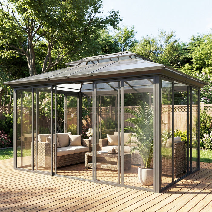 Outsunny Tonnelle de Jardin 3x4m en Aluminium avec Toit Rigide, Gris Fonce