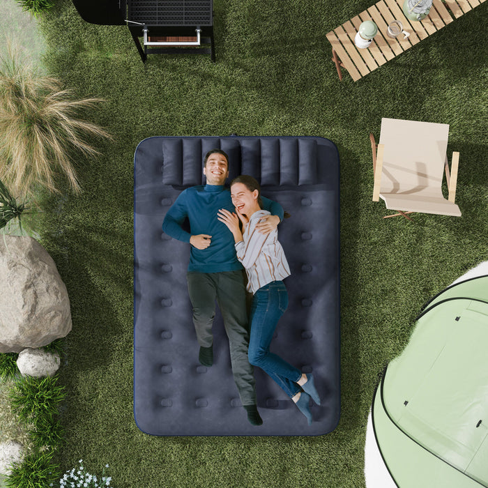 Outsunny Matelas Gonflable Double Avec 2 Oreillers, Lit Gonflable, Bleu