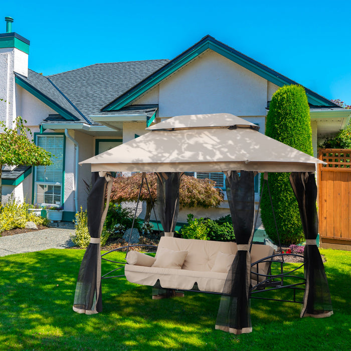 Balancelle De Jardin 3 Places Convertible Style Colonial Grand Confort 5 Coussins + Matelas + Moustiquaires Inclus 2,32l X 1,49l X 2,45h M Marron Clair