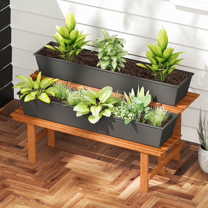Costway 2 Etage Stand De Plante En Bois Avec Huile De Tec Finition Interieur Et Exterieur Pot De Fleurs
