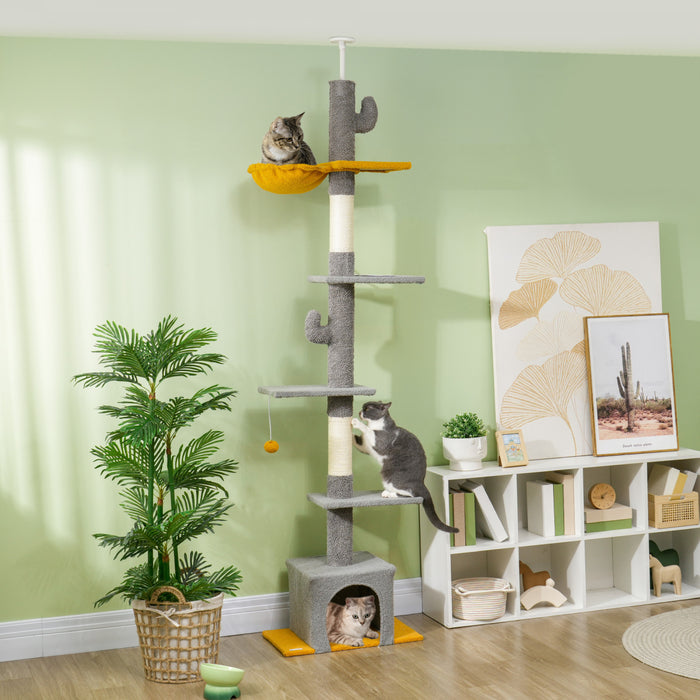 Pawhut Arbre A Chat Du Sol Au Plafond, Tour Pour Chat Avec Hauteur Reglable De 90,5\" A 108\", Centre D'activite A 5 Niveaux Avec Griffoirs, Balle Jouet Pour Chats, Gris Clair