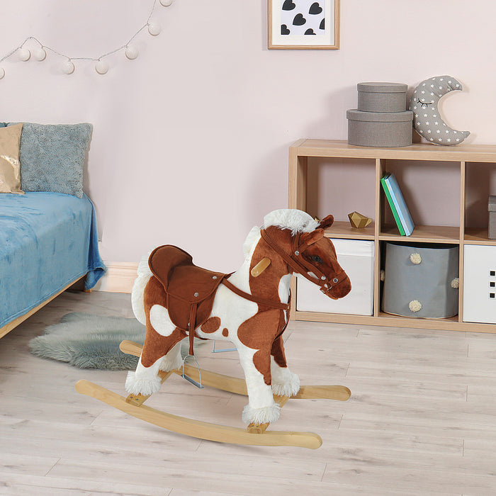 Qaba Cheval A Bascule Jouet Peluche Avec Musique Comptine - Marron Clair / Blanc