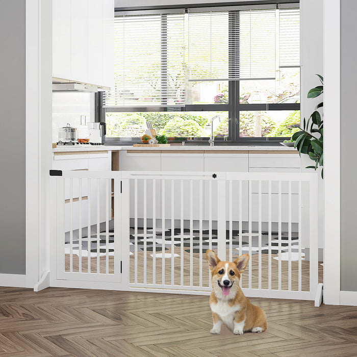 Pawhut Barriere Reglable En Bois Pour Animal Domestique, Cloture Autoportante Pour Chien Pour Porte, Hall, 3 Panneaux Avec Barriere De Securite, Porte Verrouillable, Blanc, 44.5\"-65.25\" L X 14.25\" H