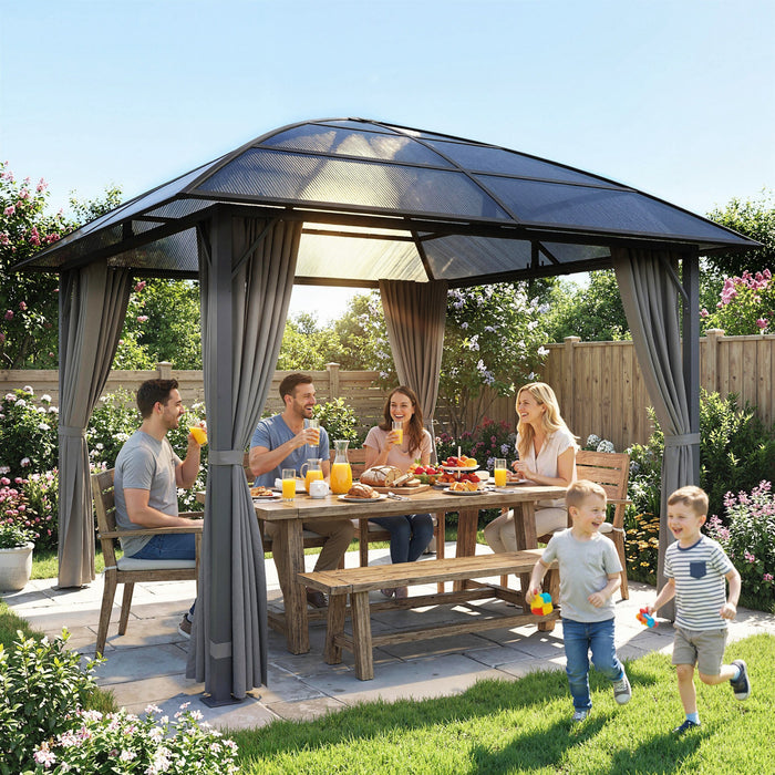 Tonnelle rigide Outsunny 3x3 m avec toit en polycarbonate UV60+ et rideaux