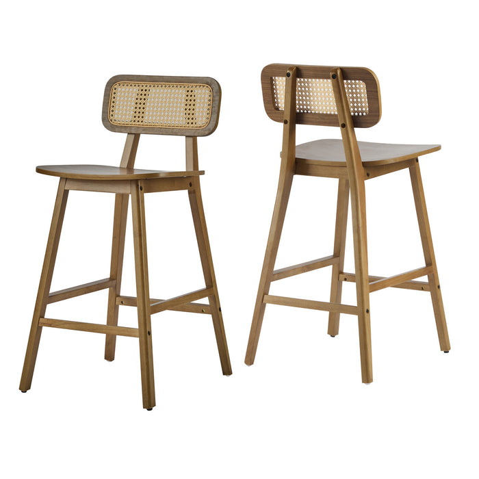 Bari lot de 2 tabourets de comptoir en bois de caoutchouc avec dossier en rotin et repose-pieds, couleur noyer