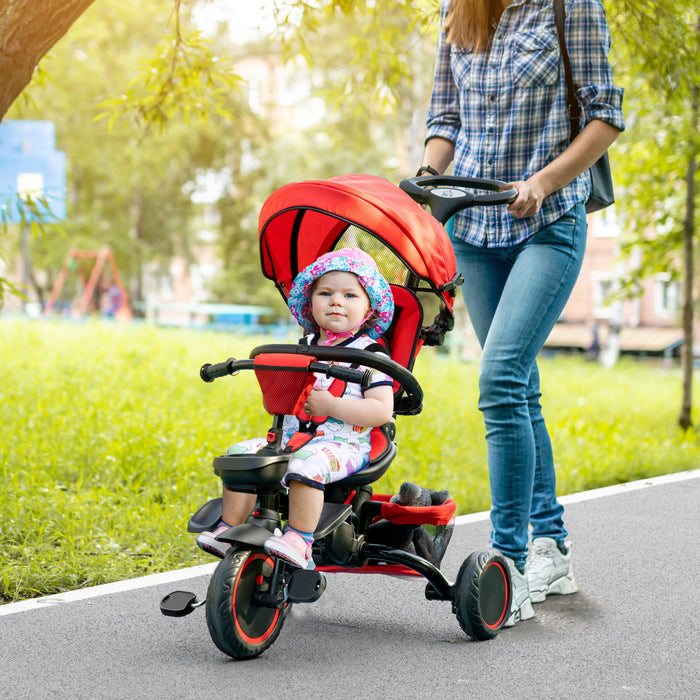 Homcom Tricycle Pour Enfant 7 En 1, Velo Pliant Pour Bebe Avec Poignee De Poussee Reglable, Siege Rotatif, Auvent Amovible, Harnais De Securite, Rangement, Tricycle Pour Enfants De 1 A 4 Ans Rouge