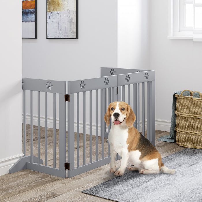 Pawhut Barriere Autoportante Pour Animaux De Compagnie A 4 Panneaux En Bois, Barriere De Securite Pliable Avec Pieds De Support Jusqu'a 80,25\" De Long Et 24\" De Haut Pour Porte, Escaliers, Gris Clair