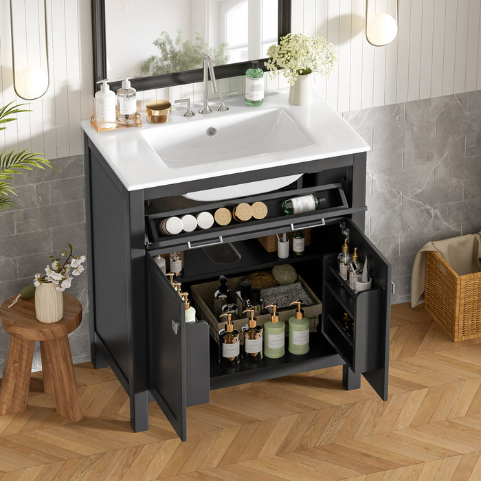 Meuble de salle de bain moderne Baker 30 pouces avec lavabo ceramique et rangement, noir