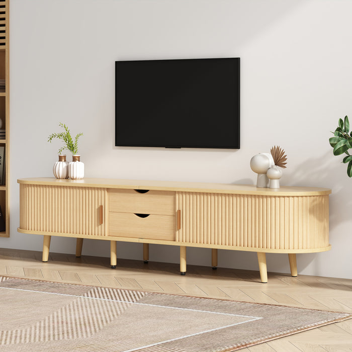 Ethan meuble TV ovale – meuble multimedia avec portes coulissantes et tiroirs, finition naturelle