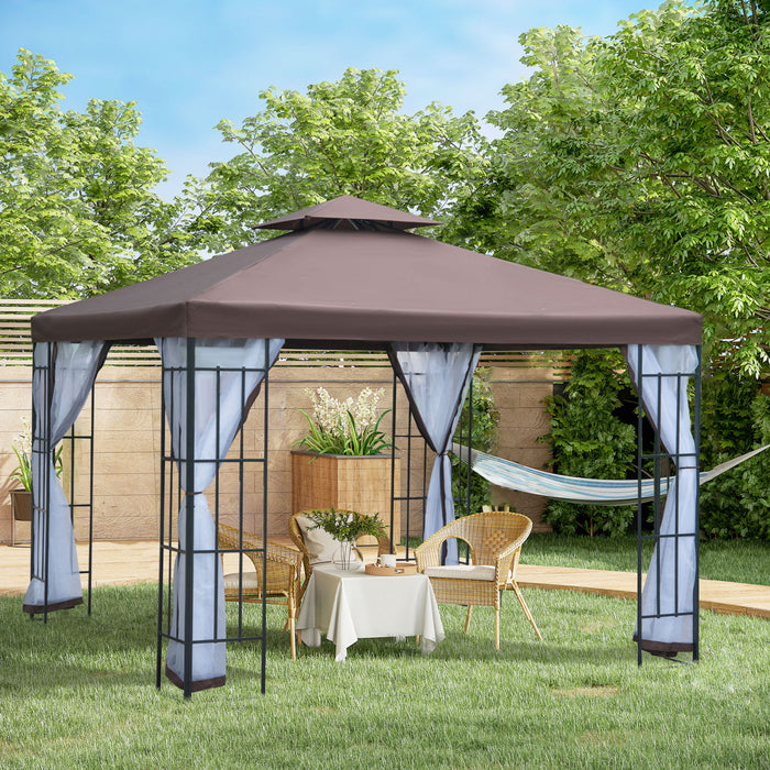 Abri De Jardin Outsunny 10'x10' Auvent De Terrasse Fete Portative Cour Arriere De L'evenement Avec Moustique Filet Cafe