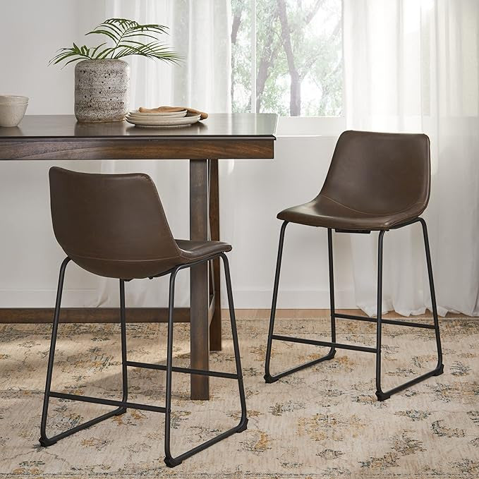 Ensemble De 2 Tabourets De Comptoir Nathaniel Vintage En Similicuir Avec Structure En Acier, Marron