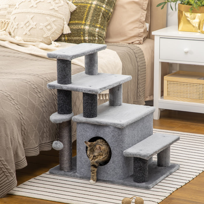Pawhut Escaliers Pour Chats Avec Poteaux A Gratter Sisal Hauteur Reglable, Arbre A Chat Confortable, Marches Pour Animaux Pour Canape Et Lit Haut Avec Balle Suspendue, Plate-forme De Saut
