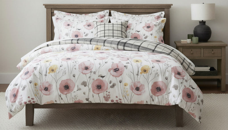 Ensemble Douillette Simple Mirabelle - Literie Reversible a Fleurs Aquarelle Rose et Gris 