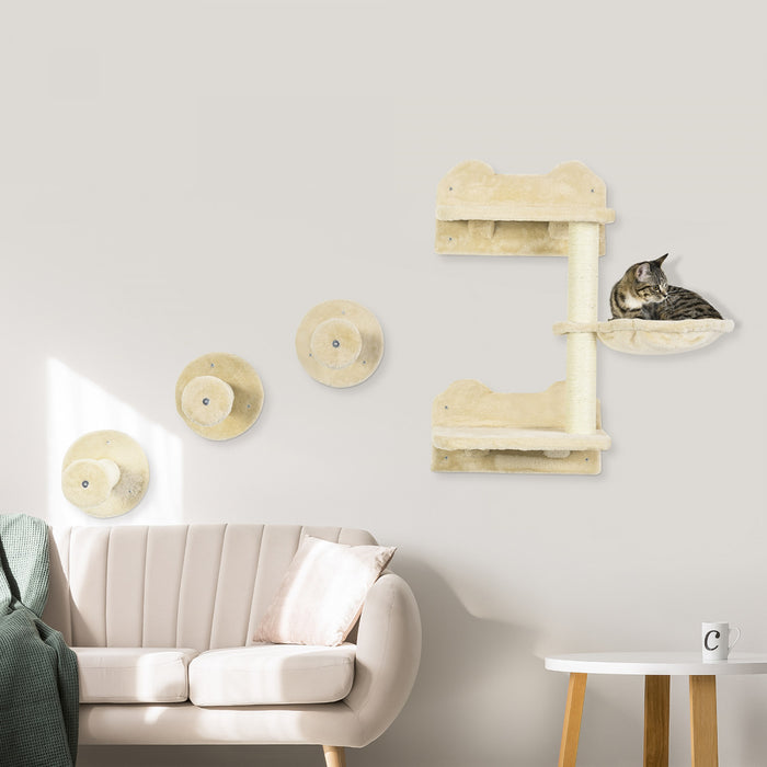 Pawhut Lot De 4 Etageres Murales Pour Chat Avec Griffoirs, Hamac, Ensembles, Plates-formes, Etageres Pour Se Detendre, Dormir, Sauter, Grimpeur Mural Pour Chats D'interieur, Beige