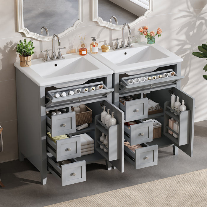 Aura Ensemble Meuble-Lavabo Double 48 po avec Tiroirs et Armoire, Gris