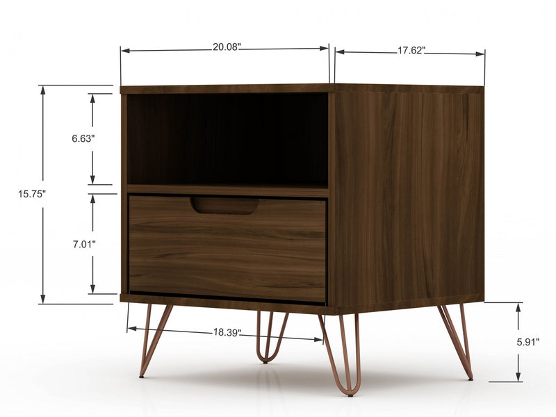 Table de nuit Rockefeller Mid-Century Modern 20\" en brun chataigne (1 tiroir) - Lot de 2
