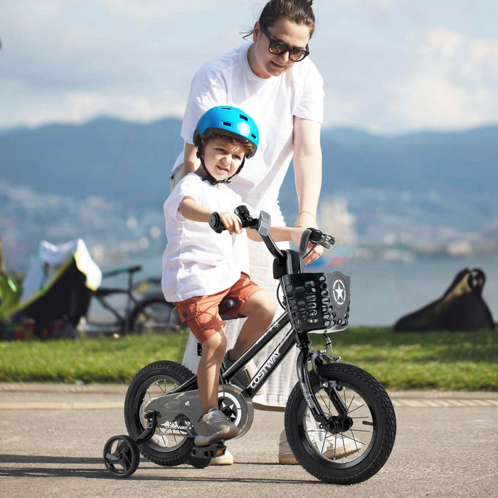 Costway 12\" Velo Pour Enfants Avec Roues D'entrainement Guidon Et Frein A Main Reglable Noir