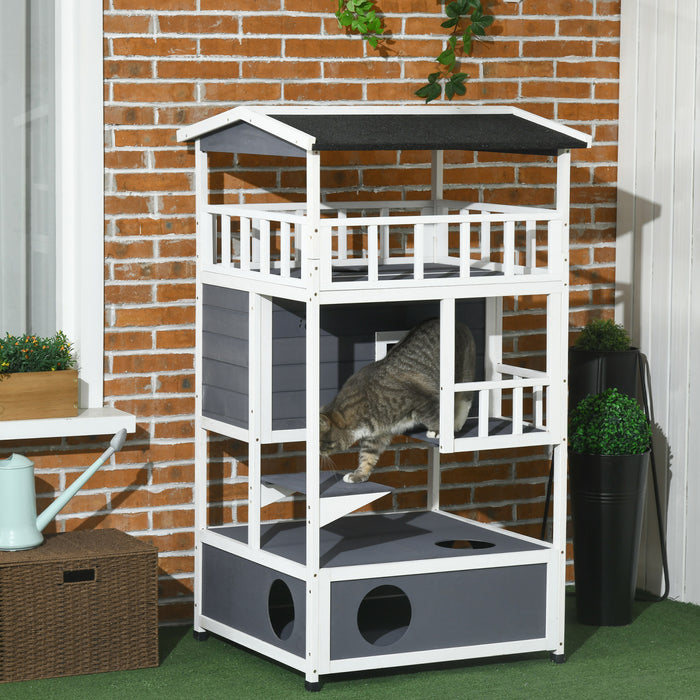 Pawhut Condo Pour Chats En Bois Massif A 4 Etages Avec Espace Pour Bac A Litiere