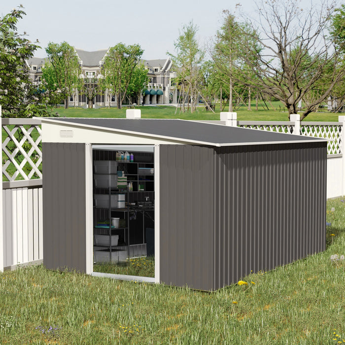 Outsunny - Abri De Jardin En Acier De 11,3 X 9,2 Pieds - Maison D'outils En Metal Pour L'exterieur, Avec Portes Coulissantes Doubles Et 2 Ventilateurs, Gris.