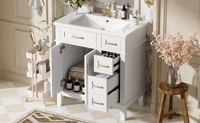 Savannah Meuble de salle de bain 30 pouces avec vasque en ceramique et armoire de rangement spacieux, Blanc