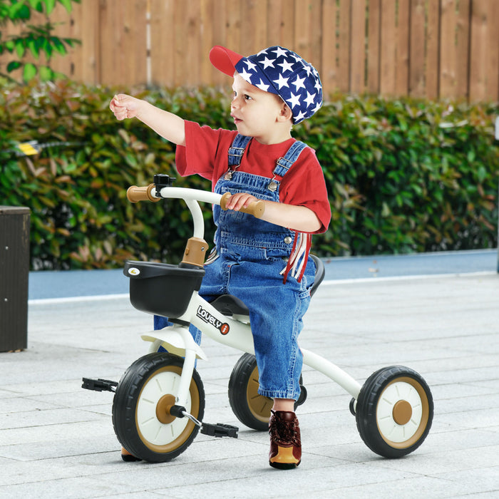 Qaba Tricycle Pour Tout-petits Filles Et Garcons De 2 A 5 Ans, Velo Avec Siege Reglable, Panier, Cloche, Blanc