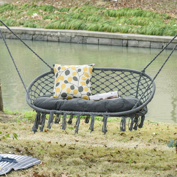 Outsunny Chaise Suspendue Chaise Hamac A Suspendre Avec Cadre En Metal Et Coussin, Grand Siege En Macrame Pour Interieur Et Exterieur, Gris Fonce
