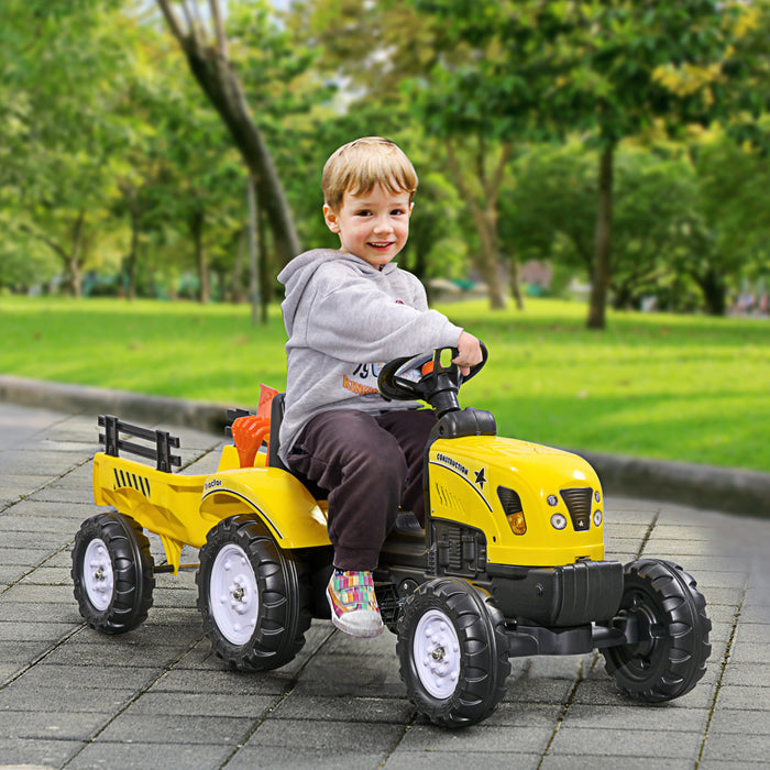 Aosom Tracteur Pour Enfants, Pedale Manuelle, Voiture Avec Remorque De Rangement Arriere, Pelle Et Rateau, Klaxon Pour 3 Ans, Jaune