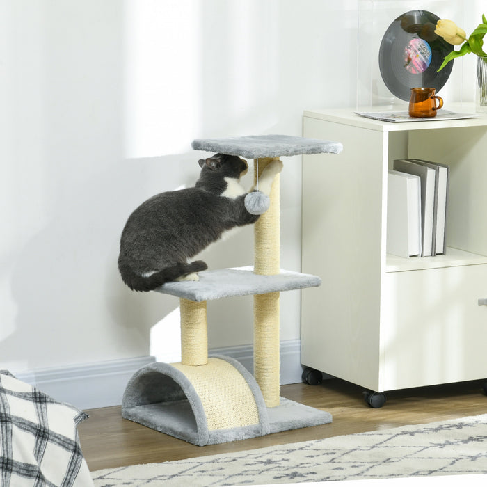 Pawhut Tour D'arbre A Chat Pour Chats D'interieur, Centre D'activites D'escalade De 72 Cm Avec Griffoir En Sisal, Coussin, Perchoir En Arc, Boule Suspendue, Jouet – Gris Clair