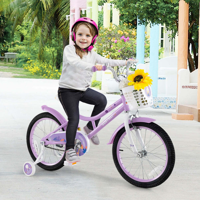 Costway 18\" Velo Fille Avec Panier Roues D'entrainement Amovibles Frein A Main De Siege Reglable Frein De Montagne Violet