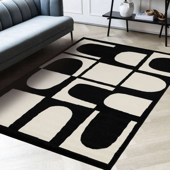 Motif geometrique dynamique noir et blanc Florence, 5'3\" x 7'4\"