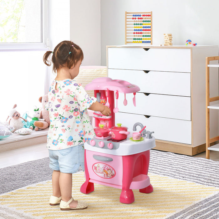 Qaba Kids Kitchen Play Set Pretend Toy Enfants Jeu De Role Avec Fonction Son Et Lumiere 38pcs Accessoires Pour Jouets - Rose