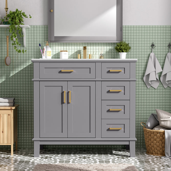 Ethan Meuble-lavabo de salle de bain en bois massif avec lavabo en ceramique et rangement intelligent, gris
