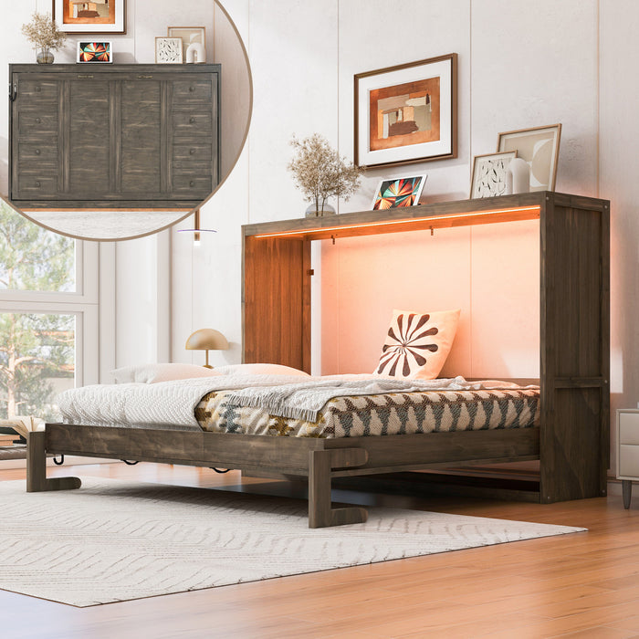 Lit escamotable Olivia en bois massif avec lumiere LED et armoire pliante, taille full, marron