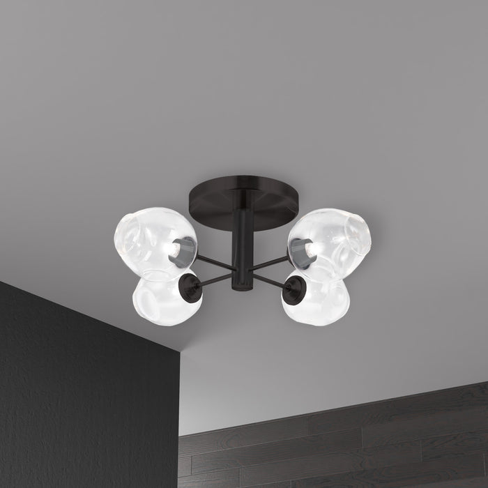 Plafonnier semi-affleuré Abii de Dainolite en verre transparent, avec fini noir mat et 4 ampoules