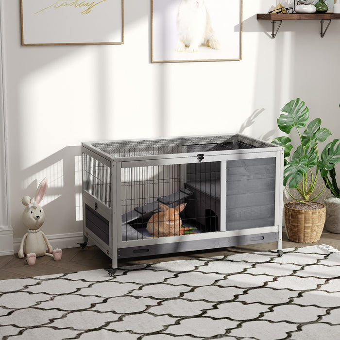 Pawhut Huche D'interieur En Bois Pour Lapin Avec Cage Surelevee Avec Enclos Ferme Avec Roues, Ideal Pour Les Lapins Et Les Cochons D'inde