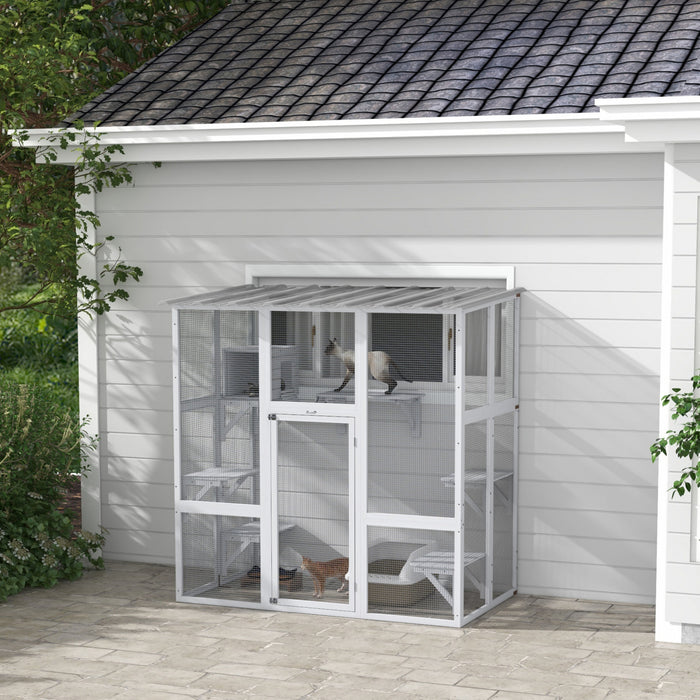 Pawhut Catio Enclos D'exterieur Pour Chat En Bois Avec Toit Resistant Aux Intemperies, Pont, Boite De Repos, Plates-formes Pour 2 Chatons, Blanc