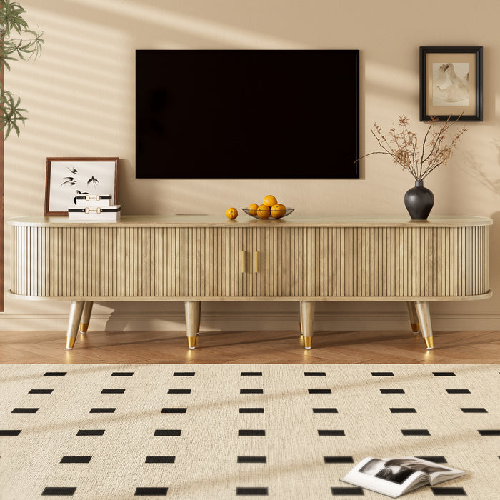 Rustic Meuble TV 69 po avec Porte Coulissante et Finition Bois Clair, Bois