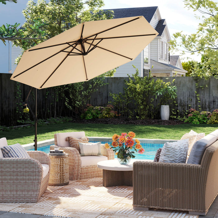 Costway Parasol suspendu 10' pour patio, ombre solaire decalee avec base T Croix exterieur Marche Beige