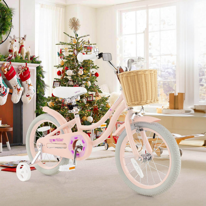 Costway 16\" Velo Enfant Avec Roues D'entrainement Reglable Guidon Siege Frein A Main Rose
