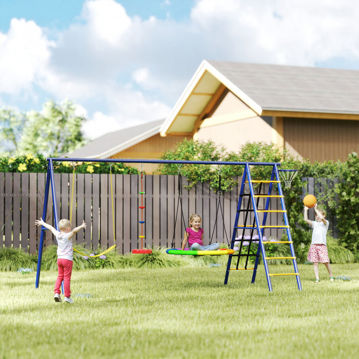 Qaba Balancoire pour enfants pour l'exterieur, 6 en 1 avec 1 soucoupe, 1 balancoire a ceinture, 1 balancoire a corde a disque, echelle d'escalade et filet, panier de basket