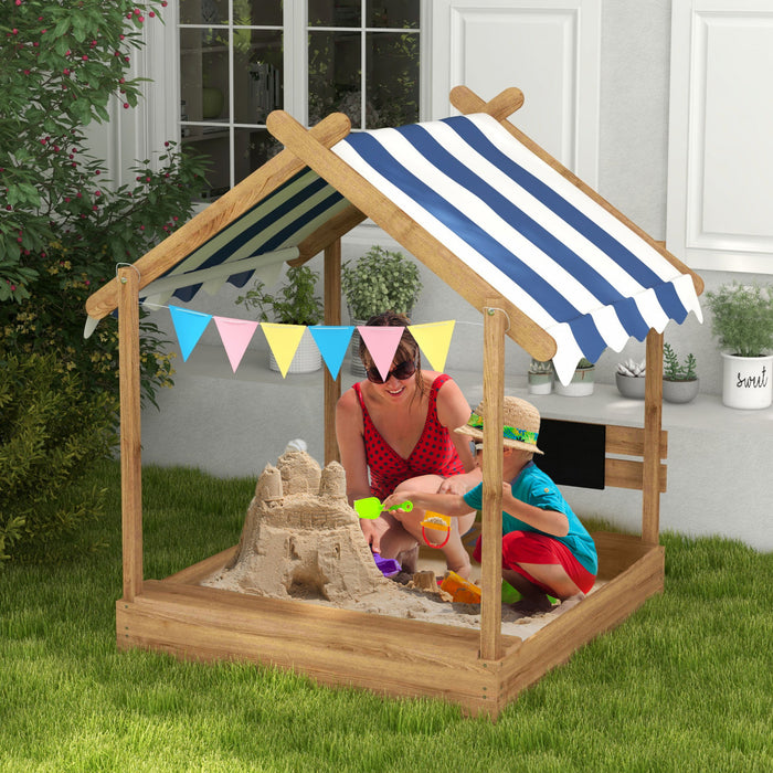 Bac A Sable Exterieur Avec Couvercle Resistant Aux Intemperies, Doublure, Tableau Noir, Jouets, Siege, Drapeaux, Design De Maison, Jeu Pour Enfants De 3 A 7 Ans, Arriere-cour, Marron