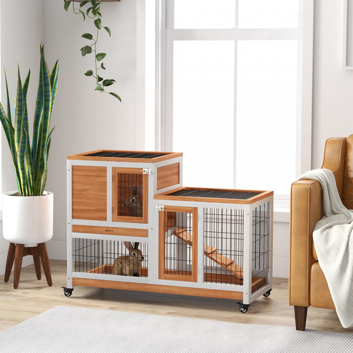 Clapier D'interieur Pawhut Pour Lapins, Cage Pour Cochons D'inde Sur Roues Avec Enclos Et Plateaux Coulissants, Jaune
