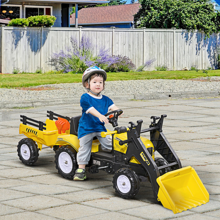 Aosom Pelle Autoportee Pour Enfants, Bulldozer A Pedales Pour Avancer/reculer Avec Un Veritable Seau A Terre Fonctionnel, 6 Roues Et Remorque Cargo