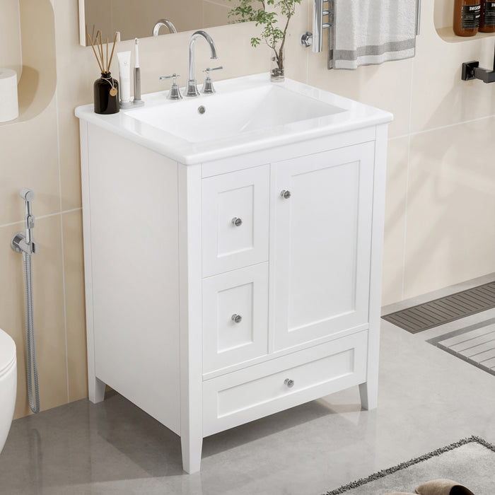 Mia Meuble-lavabo de 24\" avec vasque en ceramique et rangement a plusieurs tiroirs, Blanc