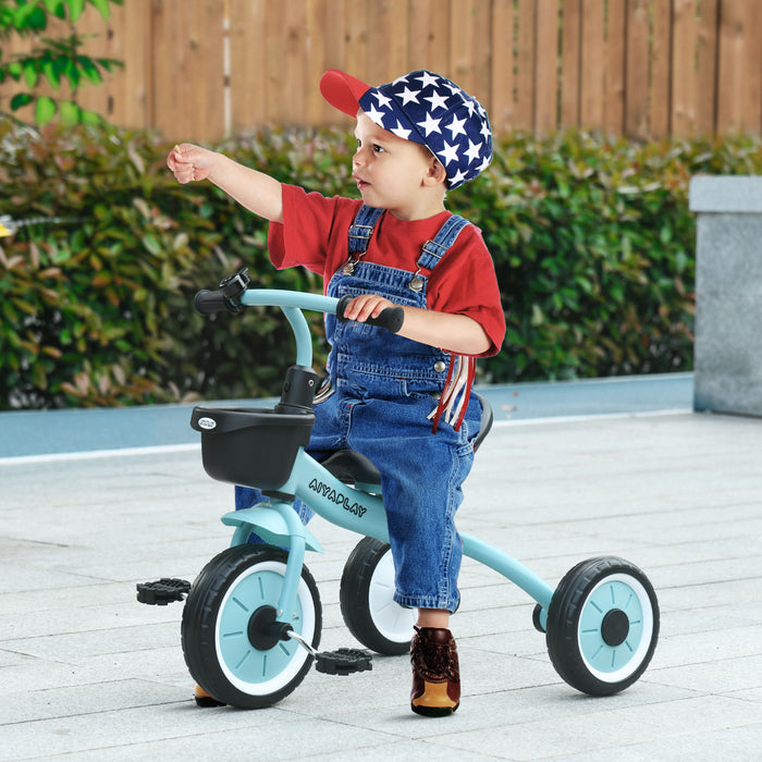 Qaba Tricycle Pour Enfants Filles Et Garcons De 2 A 5 Ans, Velo Pour Tout-petits Avec Siege Reglable, Panier, Cloche, Bleu