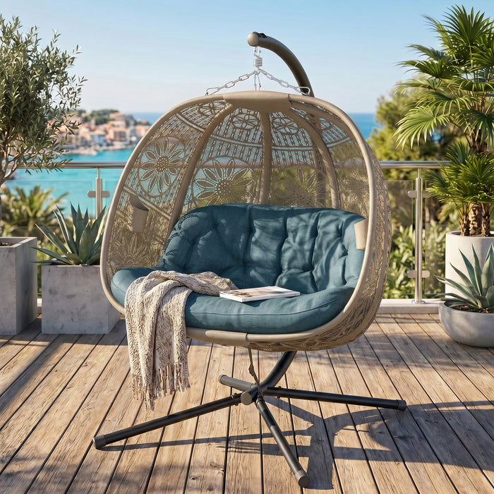 Chaise suspendue Outsunny avec support, fauteuil œuf avec panier pliable