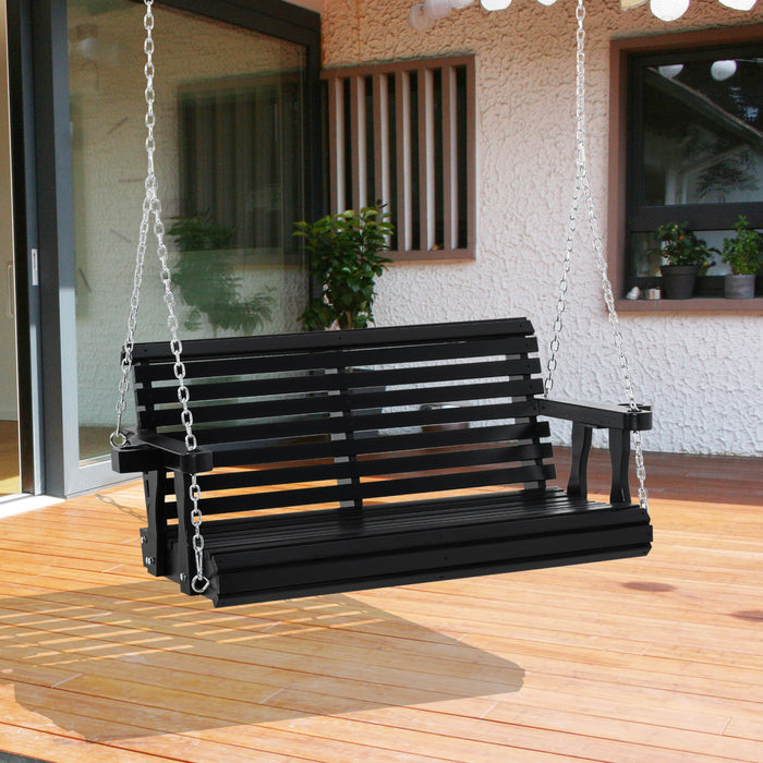 Outsunny 46\" Porch Swing Bench Pour 2 Personnes Avec 2 Porte-gobelets Integres, Design A Lattes, Chaines Incluses, Capacite De Charge De 550lb, Noir.