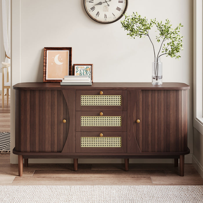 James 55.3\" Cabinet Moderne Minimaliste en Bois avec Portes Coulissantes et Etageres Ajustables, Marron Fonce